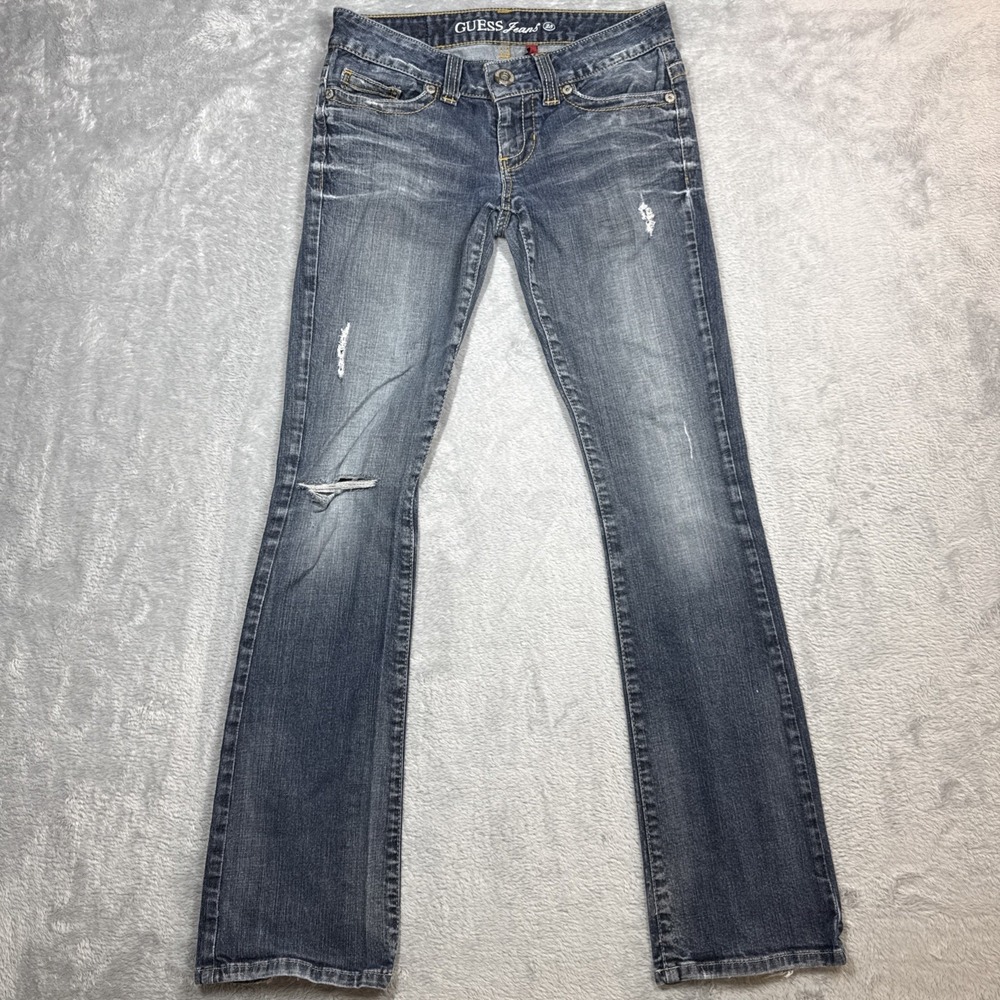 Guess Daredevil Bootcut Jeans Women 28 Blue Distressed Low Rise Y2K